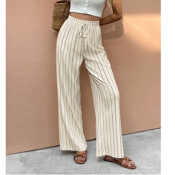 Striped Stretchy High Waisted Wide leg Trouser Pants - Picture 1 of 7